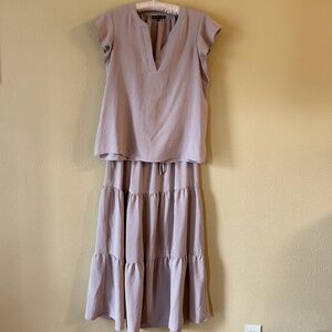 Adrianna Papell Women's Long Skirt and Short Sleeve Top 2 Piece Set, Beige, Sz S